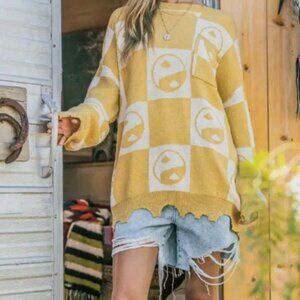 ANDTHEWAY YIN YANG DISTRESSED SWEATER NWT